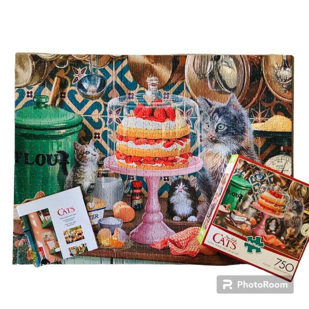 COMPLETE Please Leave The Lid Off Cats 750 Pc Puzzle Buffalo Game Kitten Kitchen